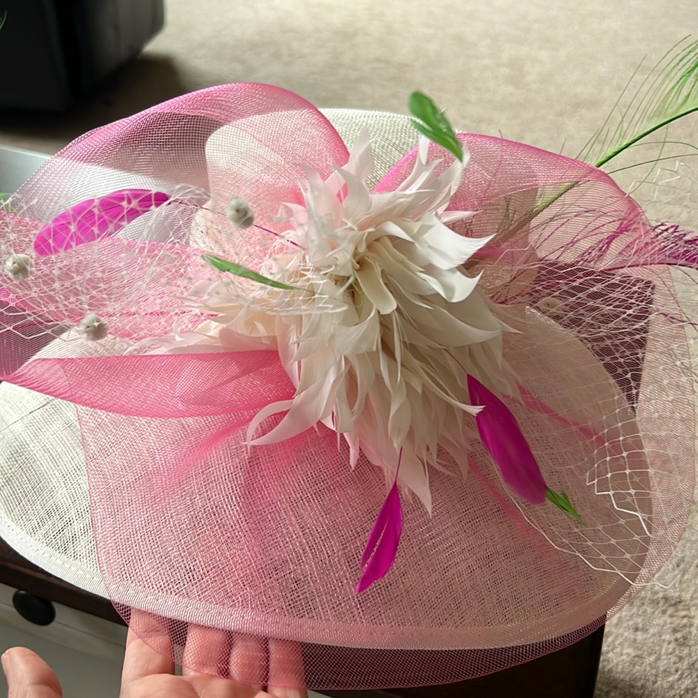 White and Fuchsia Sinamay Derby Hat